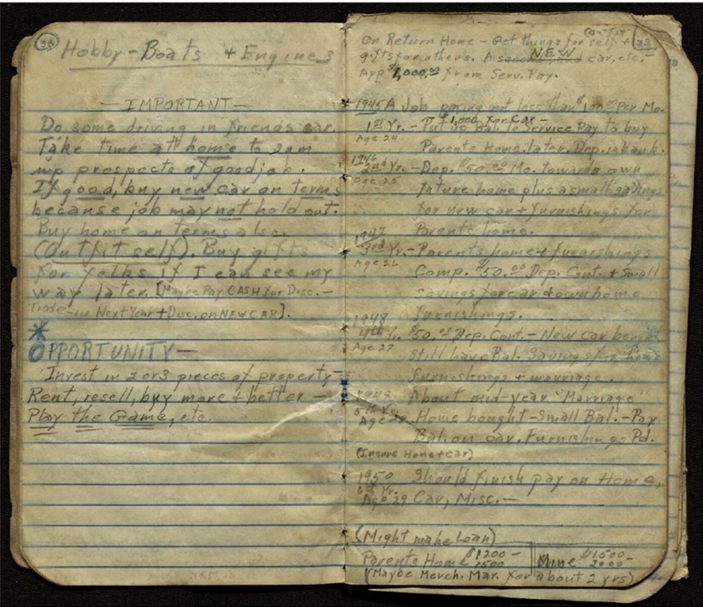 An open old notebook with yellowed pages, featuring handwritten text in blue ink