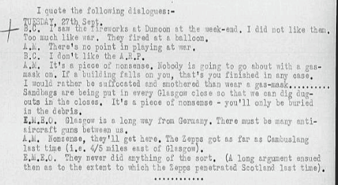 Typewritten dialogue discussing war games and military logistics