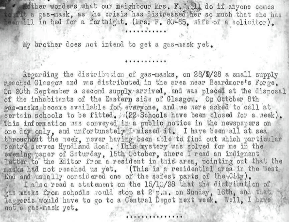 A faded handwritten letter discussing a supply distribution, mentioning Glasgow and the need for face masks.