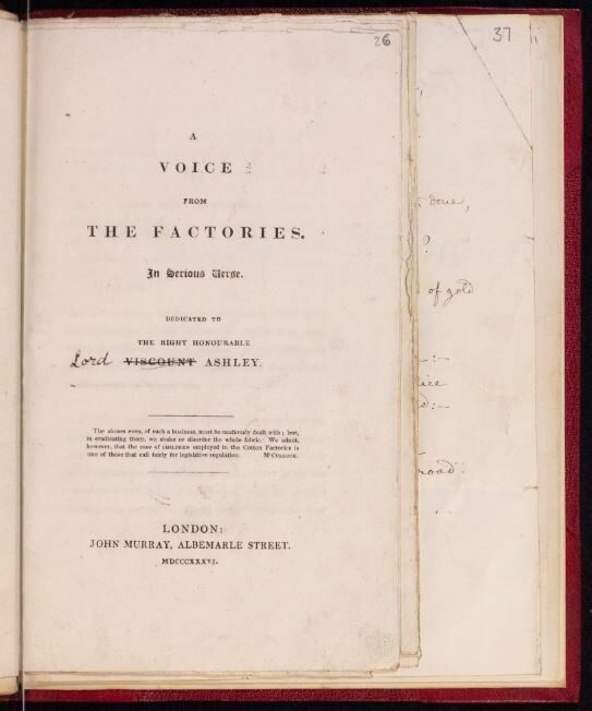 Title page of a book named 'A Voice from the Factories' with the author's name and publisher information