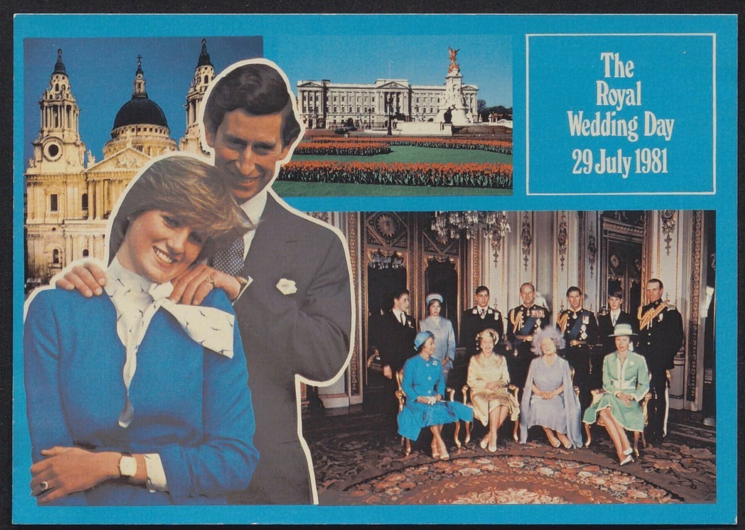 Collage of the royal wedding day on July 29, 1981, featuring the couple and guests