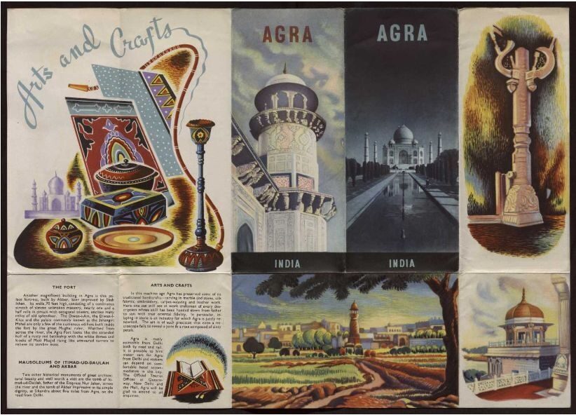 A vintage travel brochure featuring Agra landmarks like the Taj Mahal, with colourful illustrations and descriptions