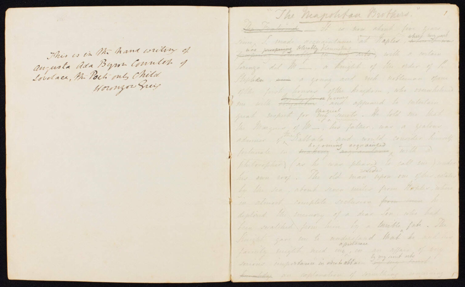 Open notebook with handwritten notes on left page and lined writing on right page
