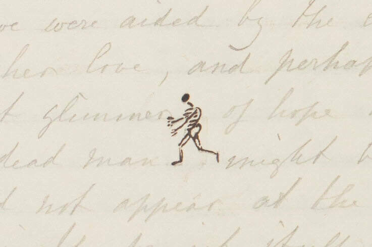 A small running skeleton illustration on a vintage handwritten letter