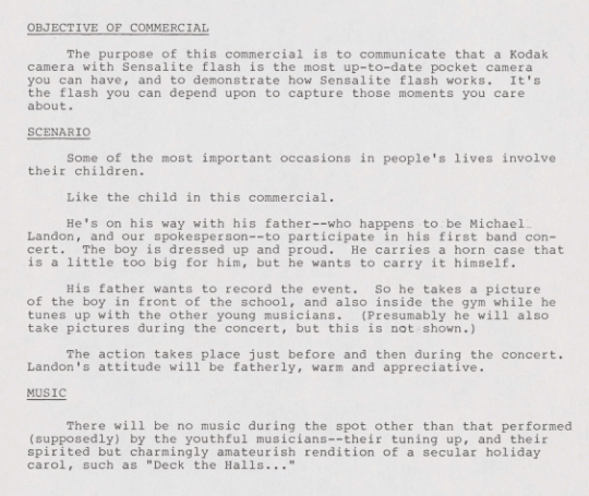 A typed document outlining a commercial for a Kodak camera, discussing family events