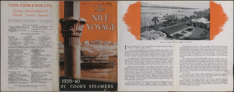 Brochure for a Nile voyage featuring colourful columns, river view, and a black-and-white photo of a hotel