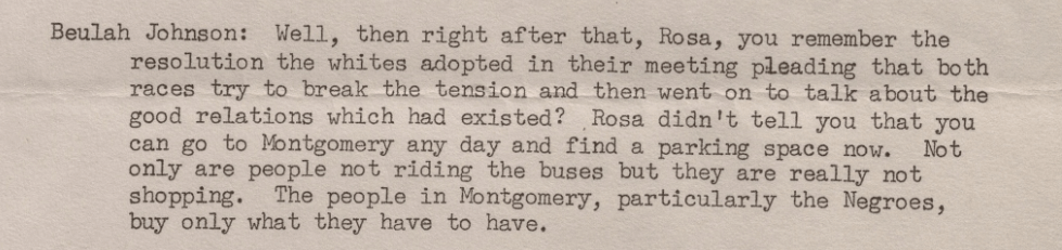 A typed text discussing race relations and shopping habits in Montgomery