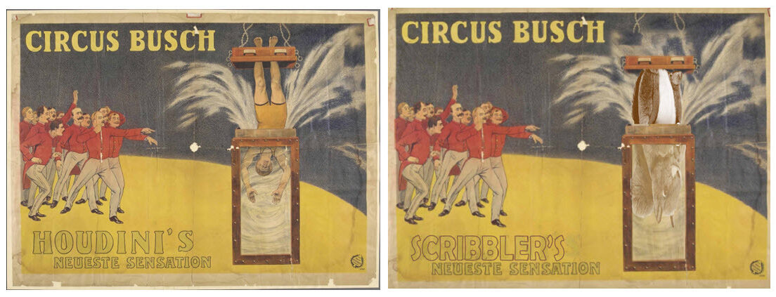 Two vintage circus posters side by side, featuring Houdini's and Scheler's acts, with colourful illustrations