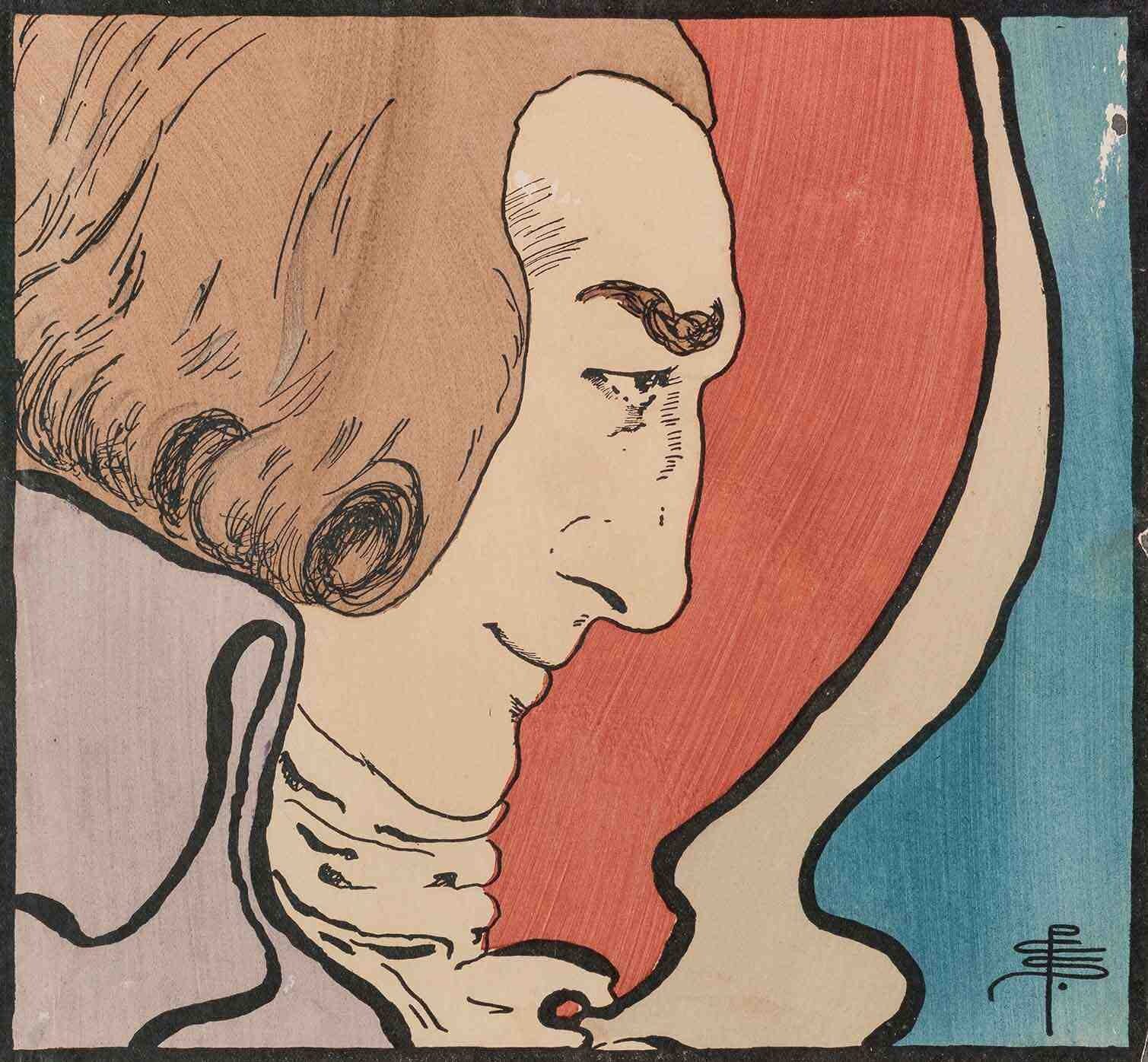 A stylized drawing of a man's profile with curly hair, surrounded by colorful abstract backgrounds.