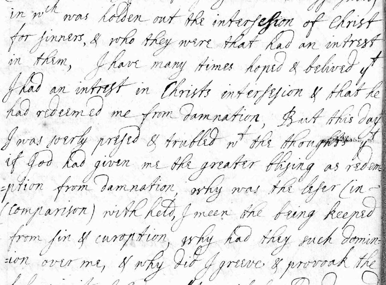 A handwritten letter discussing Christ's intercession for sinners and feelings of redemption.