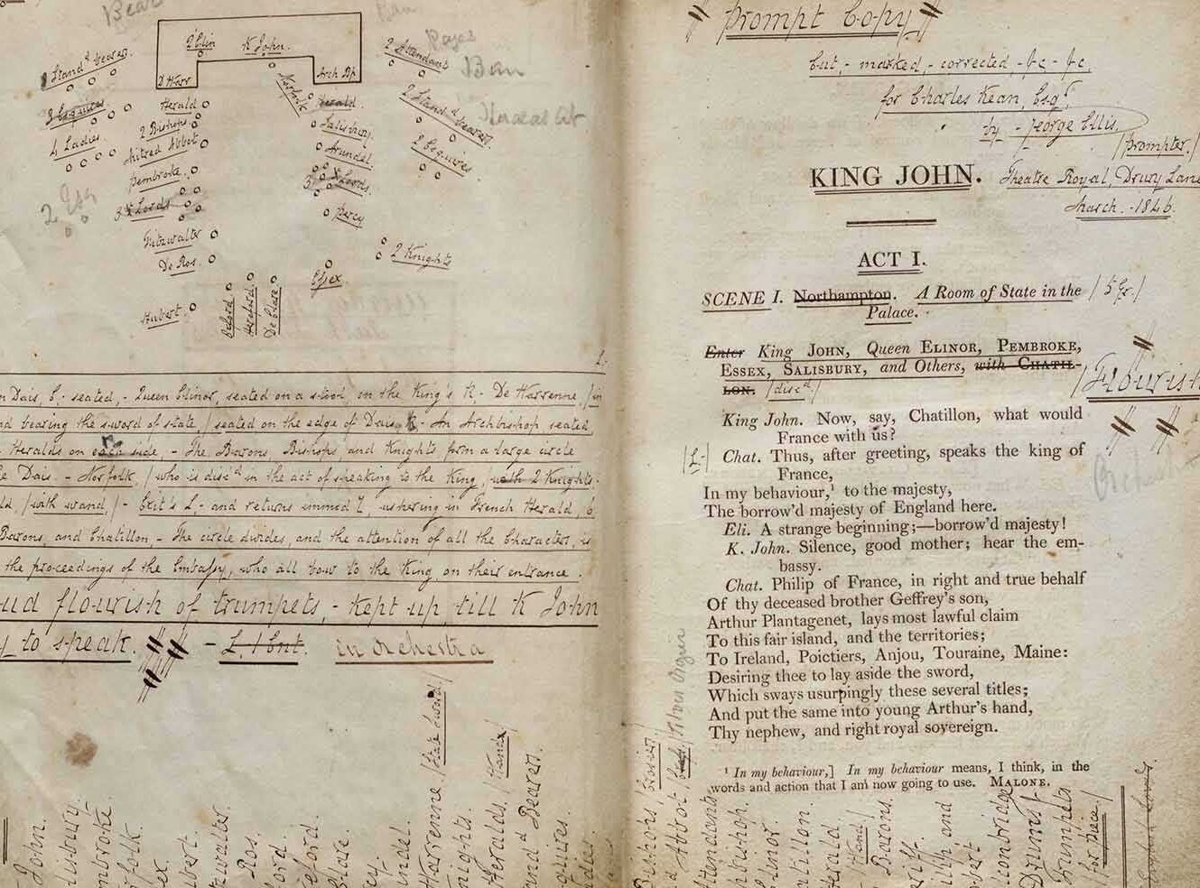 A prompt copy of Shakespeare's "King John" with handwritten notes and scene details.