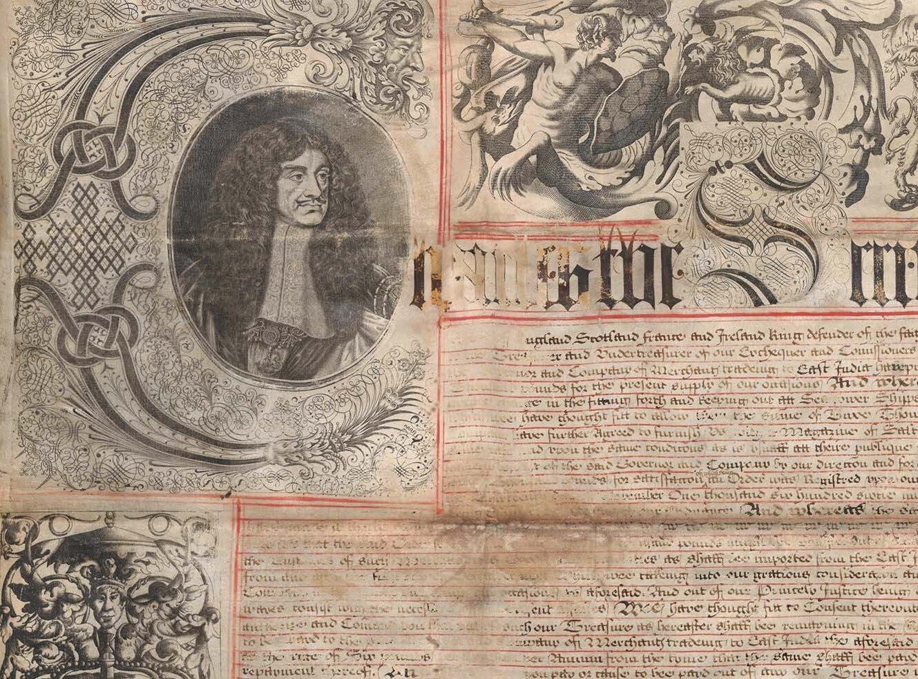 An ornate historical document with an illustrated portrait in the top left and body of text.