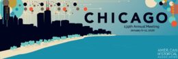Stylized skyline of Chicago with colorful dots, event details below.