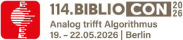 Logo for the 114 BIBLIO CON 2026 in Berlin themed Analog trifft Algorithmus