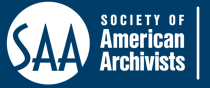A circular SAA logo on a blue background, 'Society of American Archivists' next to it.