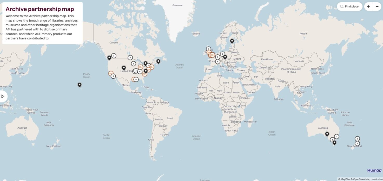 A map showing AM's archive partnerships worldwide, with markers for libraries and archives.