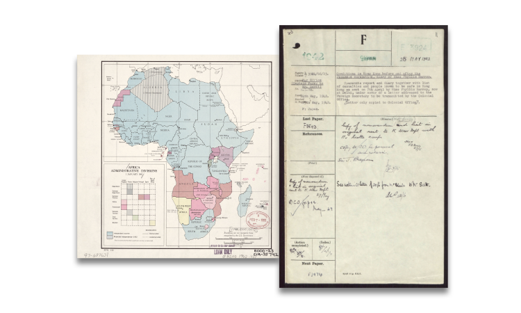 A map of Africa with colored regions, and a historical document with notes.