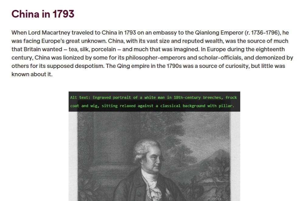 A section of a web page, showing an engraved portrait of a man in eighteenth-century clothing, seated in a classical setting. Descriptive alt-text is shown above the portrait.