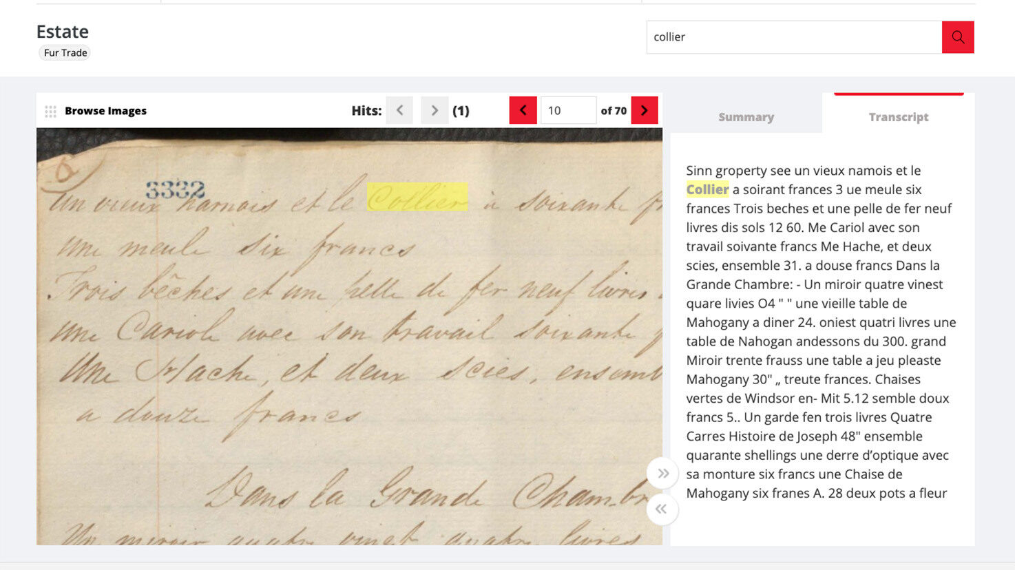 A handwritten document with text in French, featuring highlighted word 'Collier'.