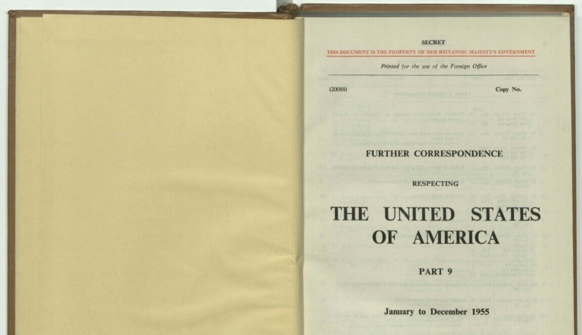 Open document page titled "Further Correspondence Respecting The United States of America, Part 9, January to December 1955".