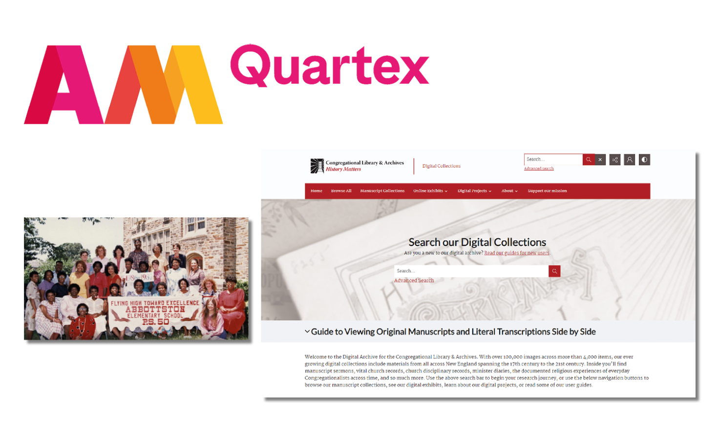 AM Quartex logo above an old group photo of teachers and the Congregational Library & Archives Digital Collections home page.