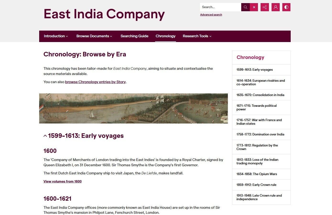 A website page showing a chronology, including an image of a historical scene with ships and people along a river, illustrating early voyages of the East India Company.