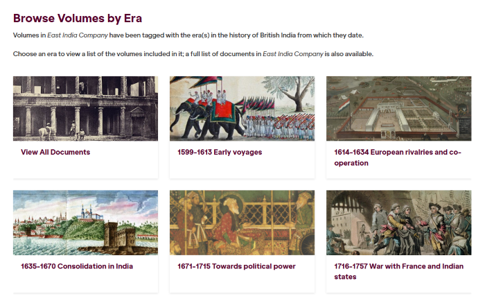 A web page from an East India Company site showing browsable volumes by era