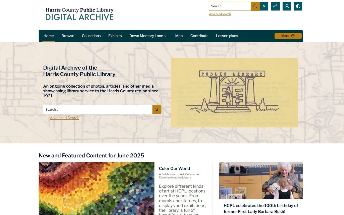 Homepage of Harris County Public Library Digital Archive featuring a library illustration.