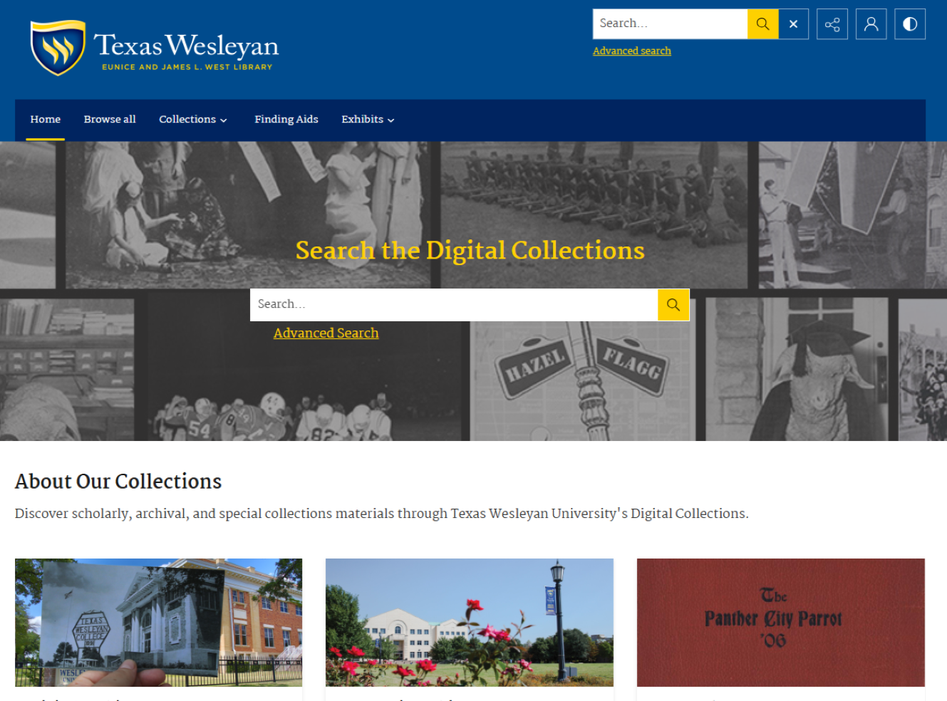 Texas Wesleyan University library webpage showcasing digital collections with a search bar.