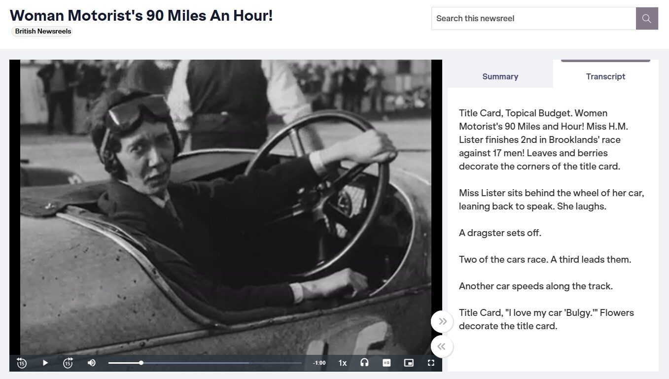 An excerpt from a digital collections site showing a black and white photograph of a woman with goggles who smiles while holding the steering wheel of her racing car. Alongside is a transcript of her speech.