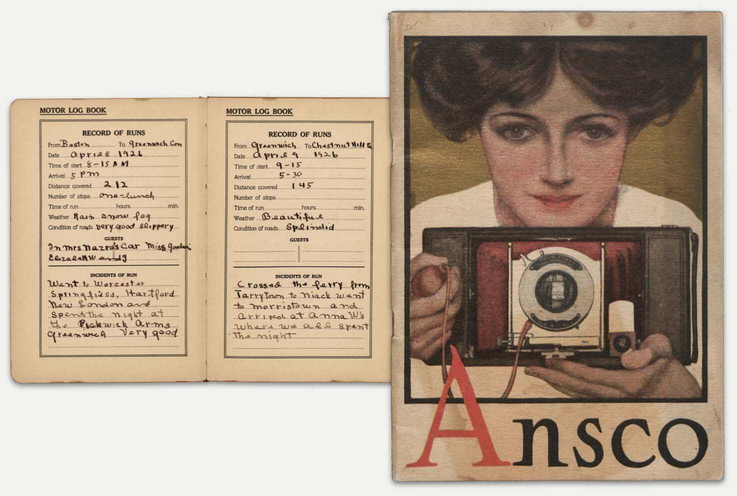 An open vintage motor log book showing travel records and an illustration of a woman holding an old camera.