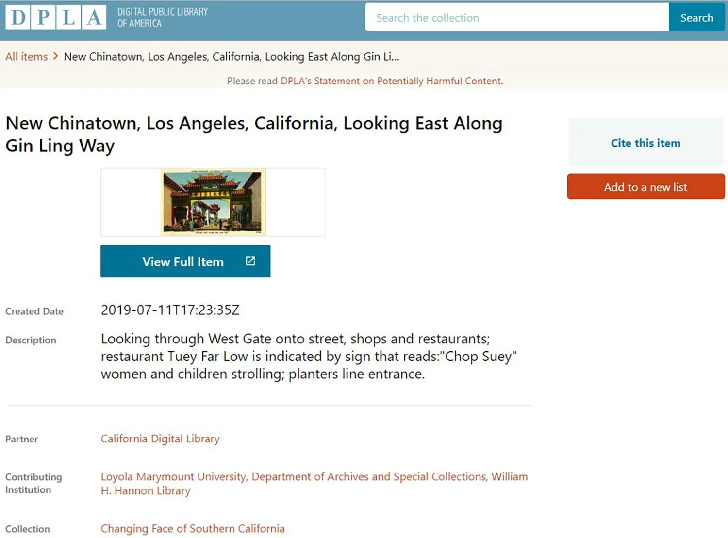 DPLA record for the image "New Chinatown, Los Angeles, California, Along Gin Ling Way"