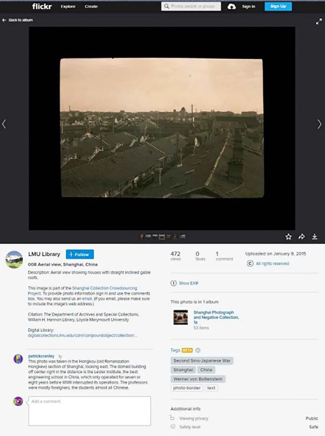 Flickr page chat about an aerial view of houses in the Hongkou District of Shanghai, China