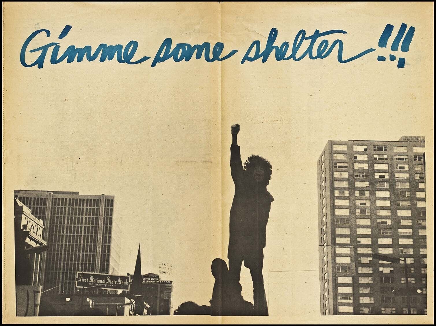 A silhouette of a person raising a fist against a city backdrop, with text that reads "Gimme Some Shelter"