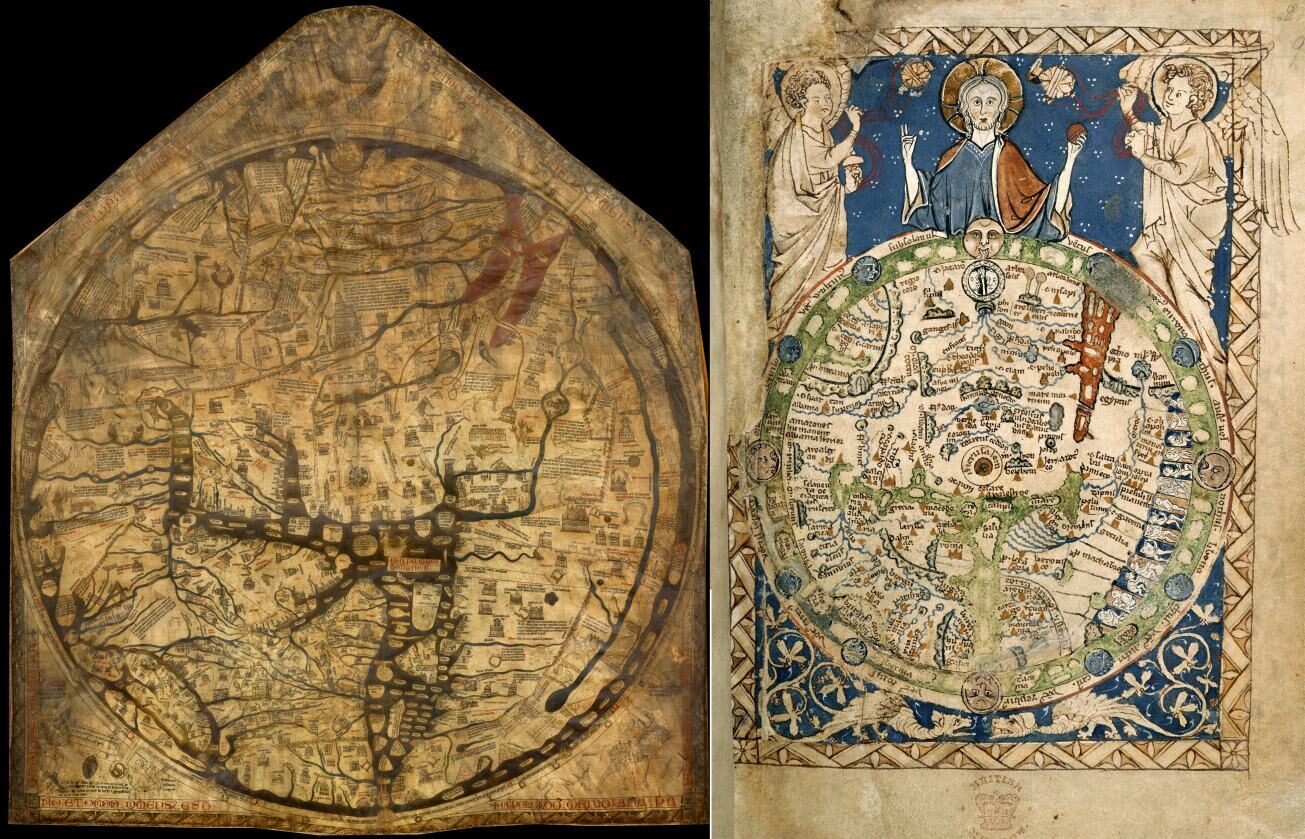 Two ancient maps side by side: a medieval world map and a circular map with illustrations of Christ and angels.
