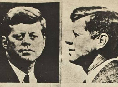 Two black and white portraits of a man, one frontal and one profile view.