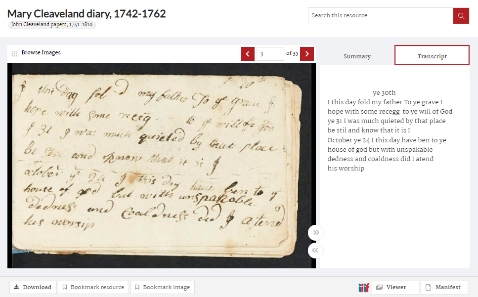 Mary Cleaveland diary