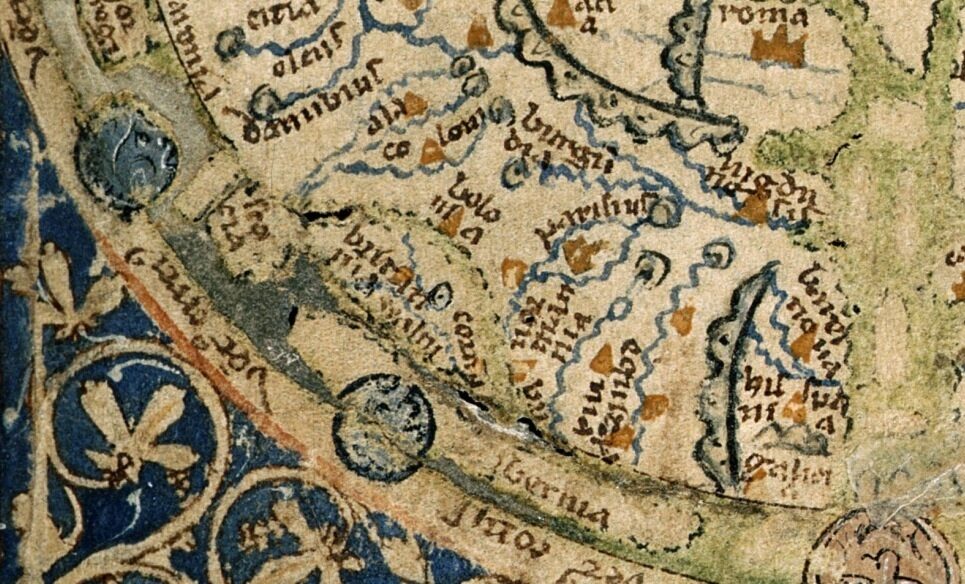 A detailed medieval map showing rivers, towns, and landscapes, with colourful illustrations.