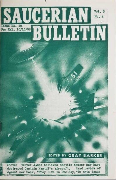 Cover of the Saucerian Bulletin, Vol. 3 No. 4, featuring a UFO and a crashing aircraft.