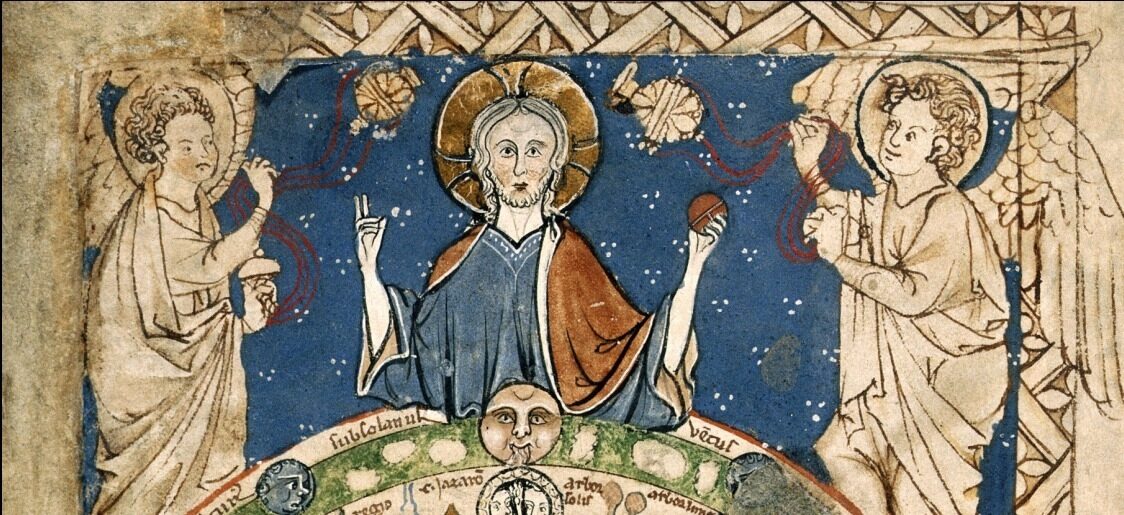 Christ in a blue background, with angels on each side, holding objects.