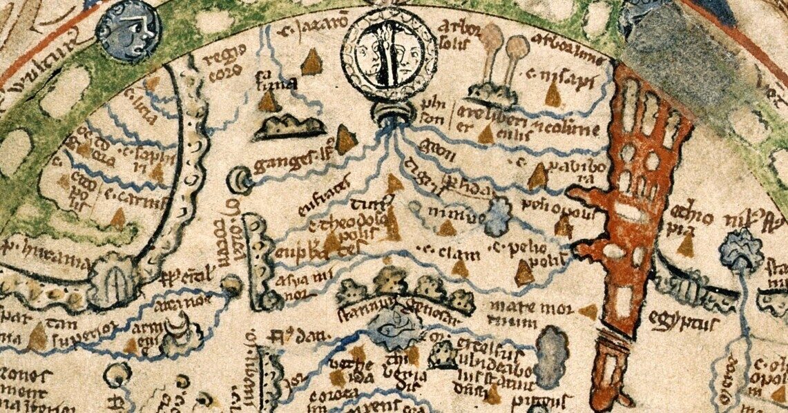 A medieval map showing land and water features with labels in Latin, colourful hills, and rivers.