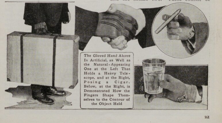 A collage showing a gloved hand holding a briefcase, a heavy telescope, a cigar, and a glass.