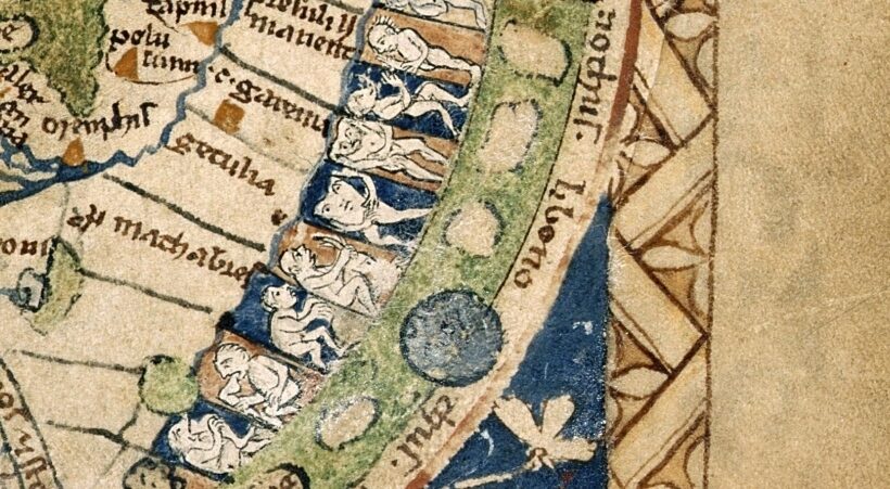 A medieval map showing figures in a circular design, with labels in Latin.
