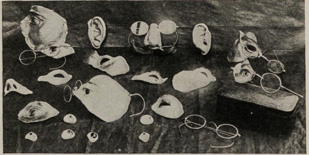 Various prosthetic facial features and eyeglasses displayed on a dark surface. Includes ears, noses, and eyes.