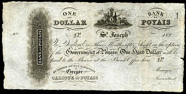 A vintage one dollar note from the Bank of Poyais, featuring ornate designs and text.