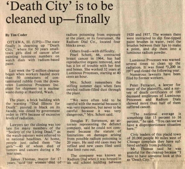 A newspaper article titled 'Death City' is to be cleaned up—finally, discussing town clean-up efforts