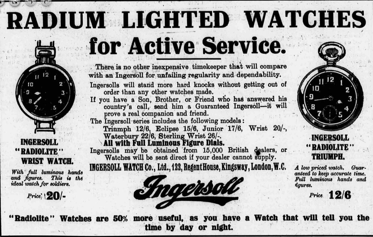 Vintage advertisement for Ingersoll radium lighted watches, showcasing two watch designs with prices and features