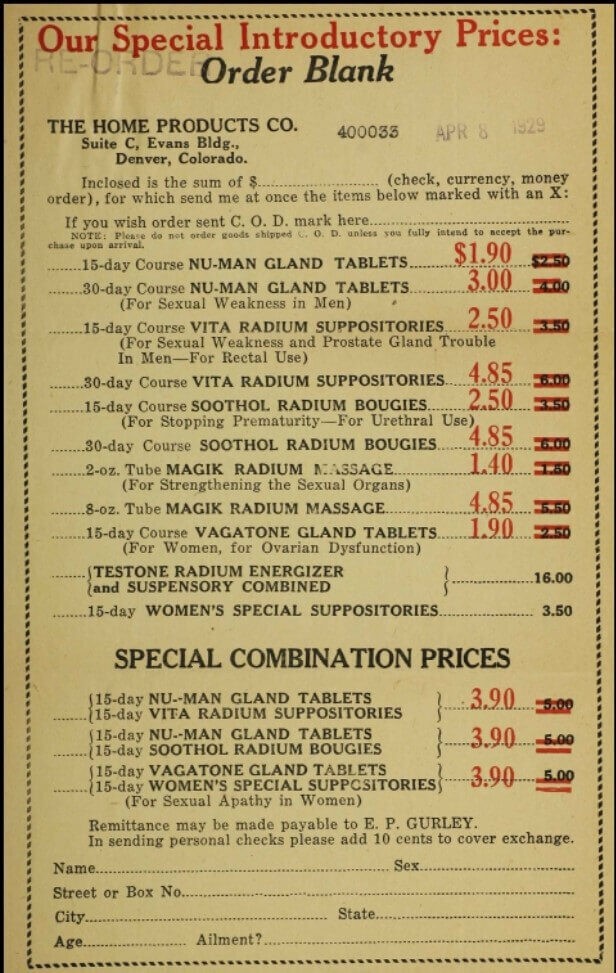 A printed order form listing various products and prices, with a header about special introductory prices