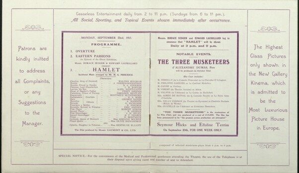 A vintage theatre program for Hamlet and The Three Musketeers featuring a schedule and performers 2