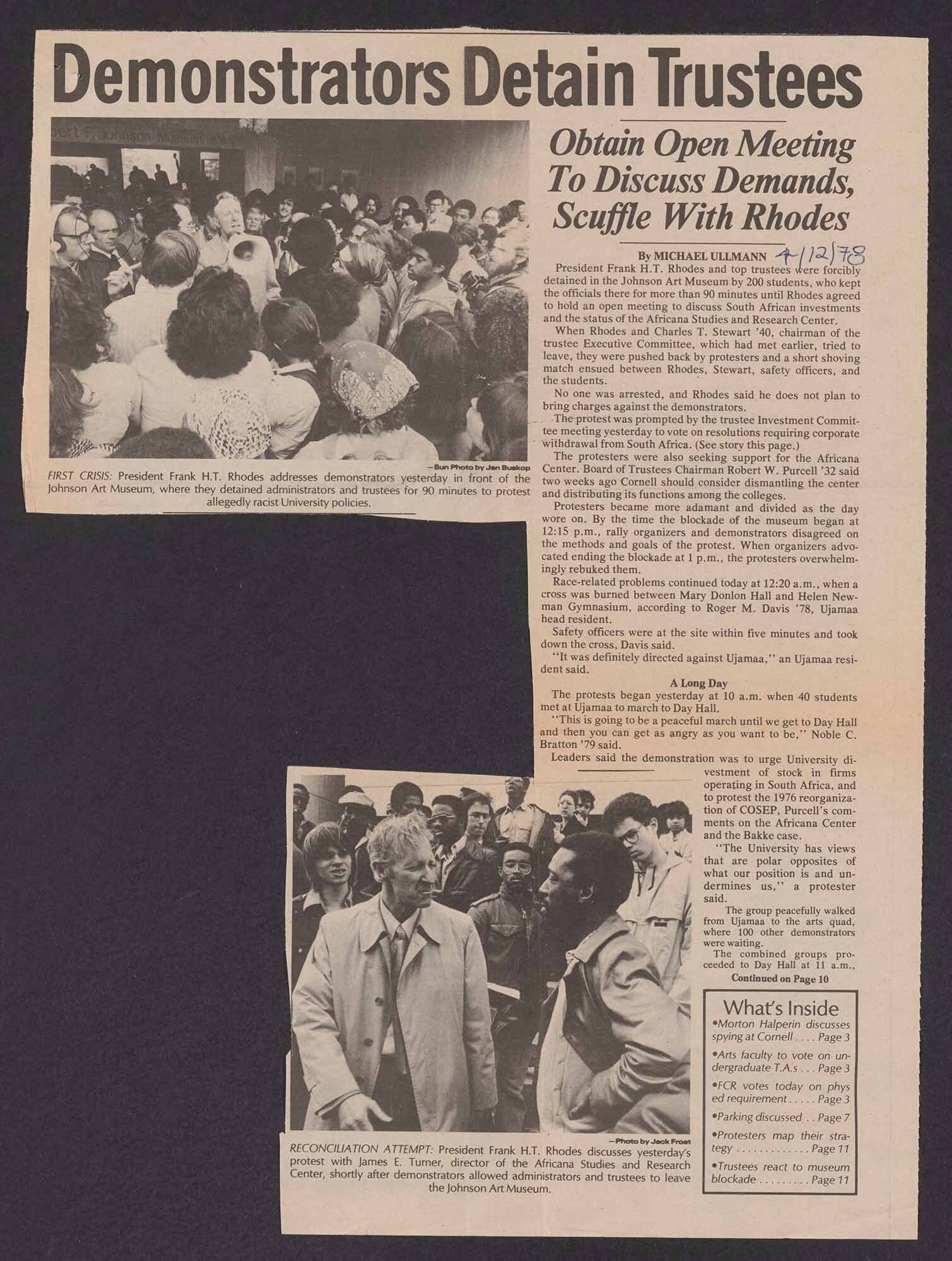 Newspaper clipping titled "Demonstrators Detain Trustees" with images of a crowded meeting
